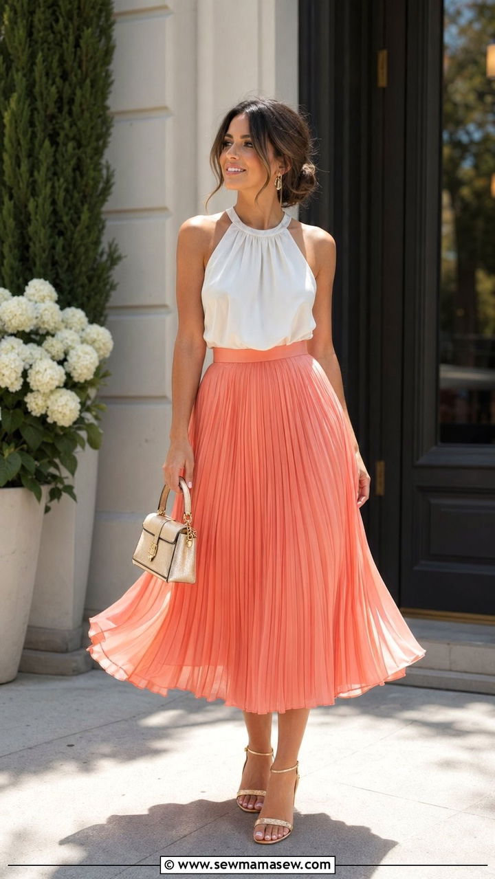 Pastel Coral Skirt and White Top Wedding Guest Outfit - 35 Pastel wedding guest outfits