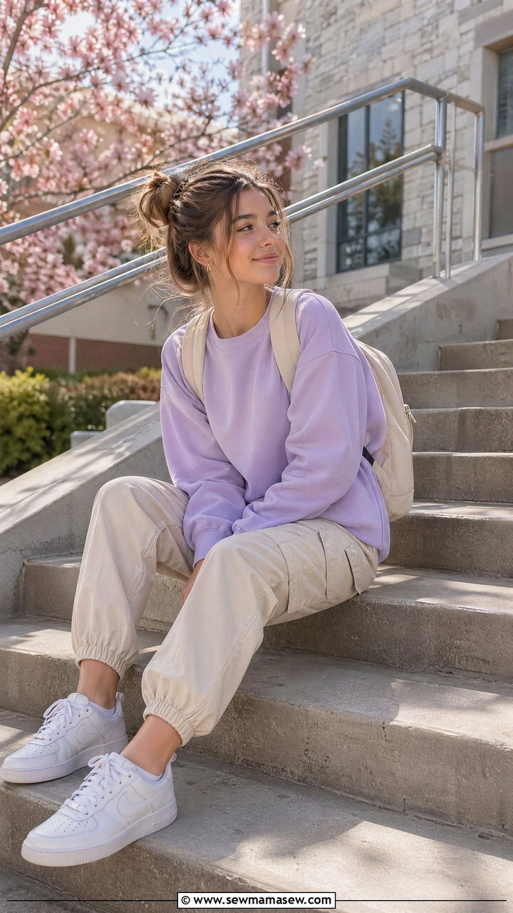 Pastel Crewneck With Cargo Pants - 35 spring school outfit ideas