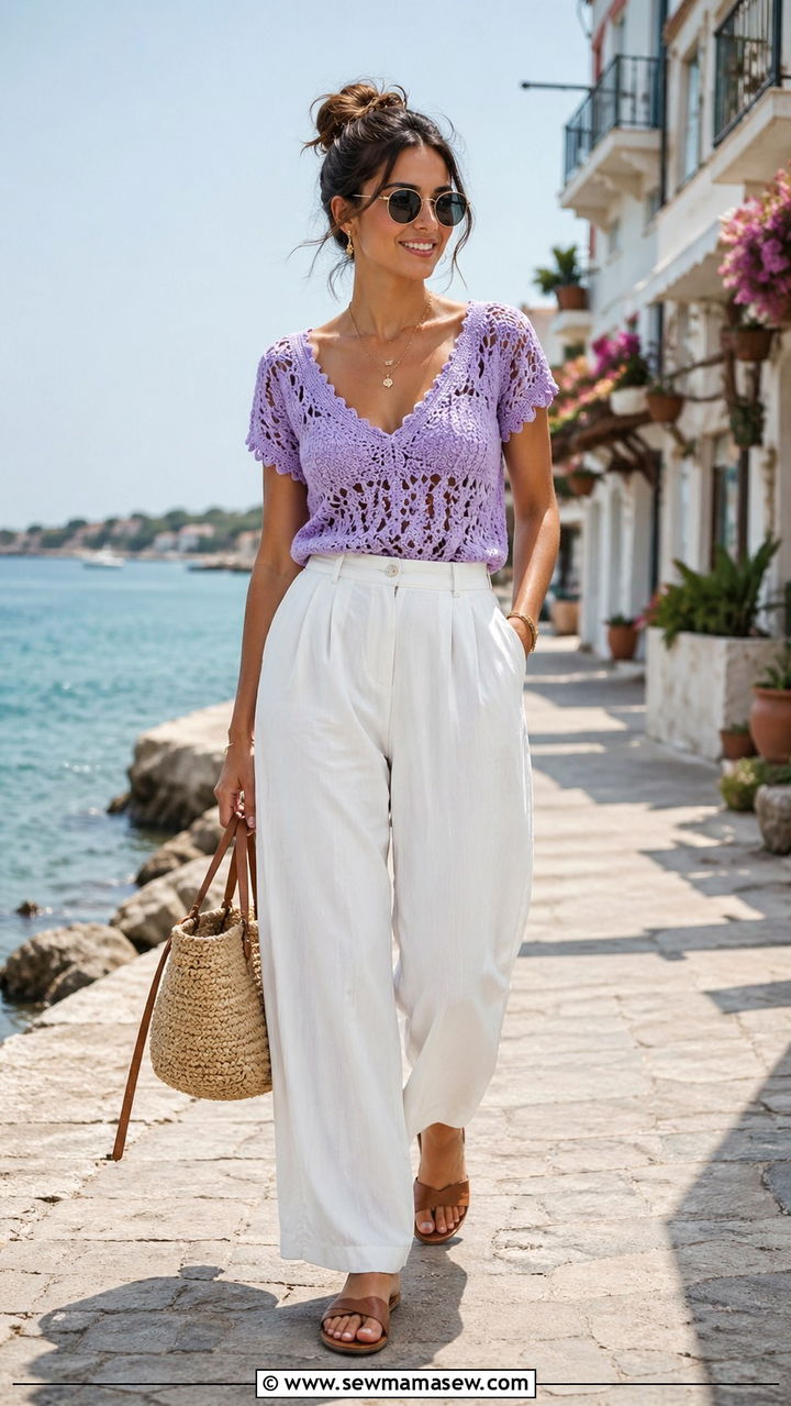 Pastel Crochet Top With High Waisted White Trousers for a Seaside Stroll - 30 Spring outdoor outfits