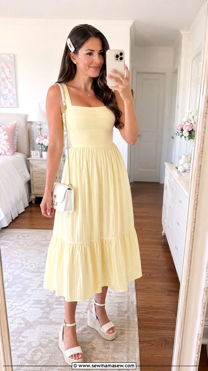 Pastel Dress With White Wedge Sandals - 35 Summer outfits with wedges