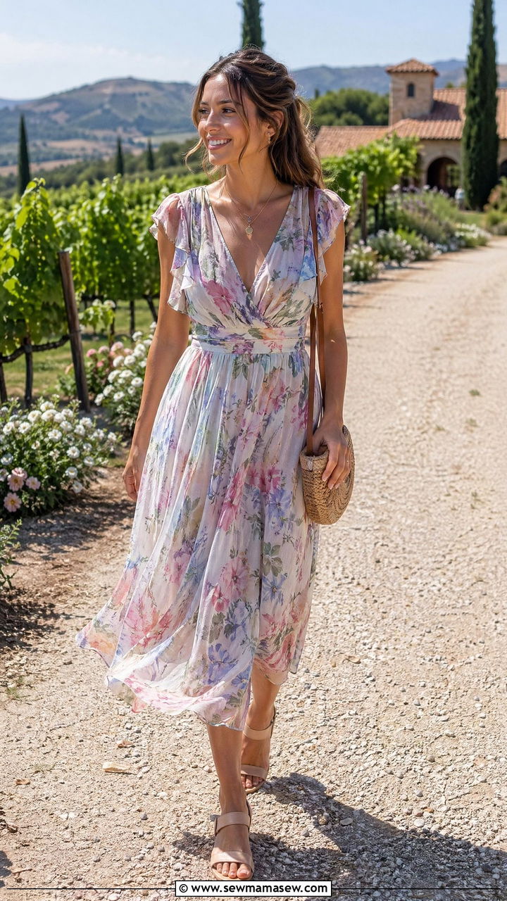 Pastel Floral Chiffon Midi Dress - 35 wedding guest outfits