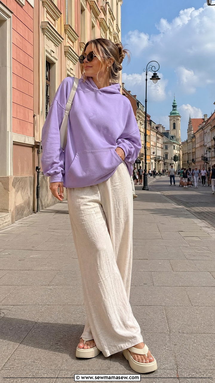 Pastel Hoodie With White Wide Leg Trousers And Platform Flip Flops - 35 Warsaw outfit ideas