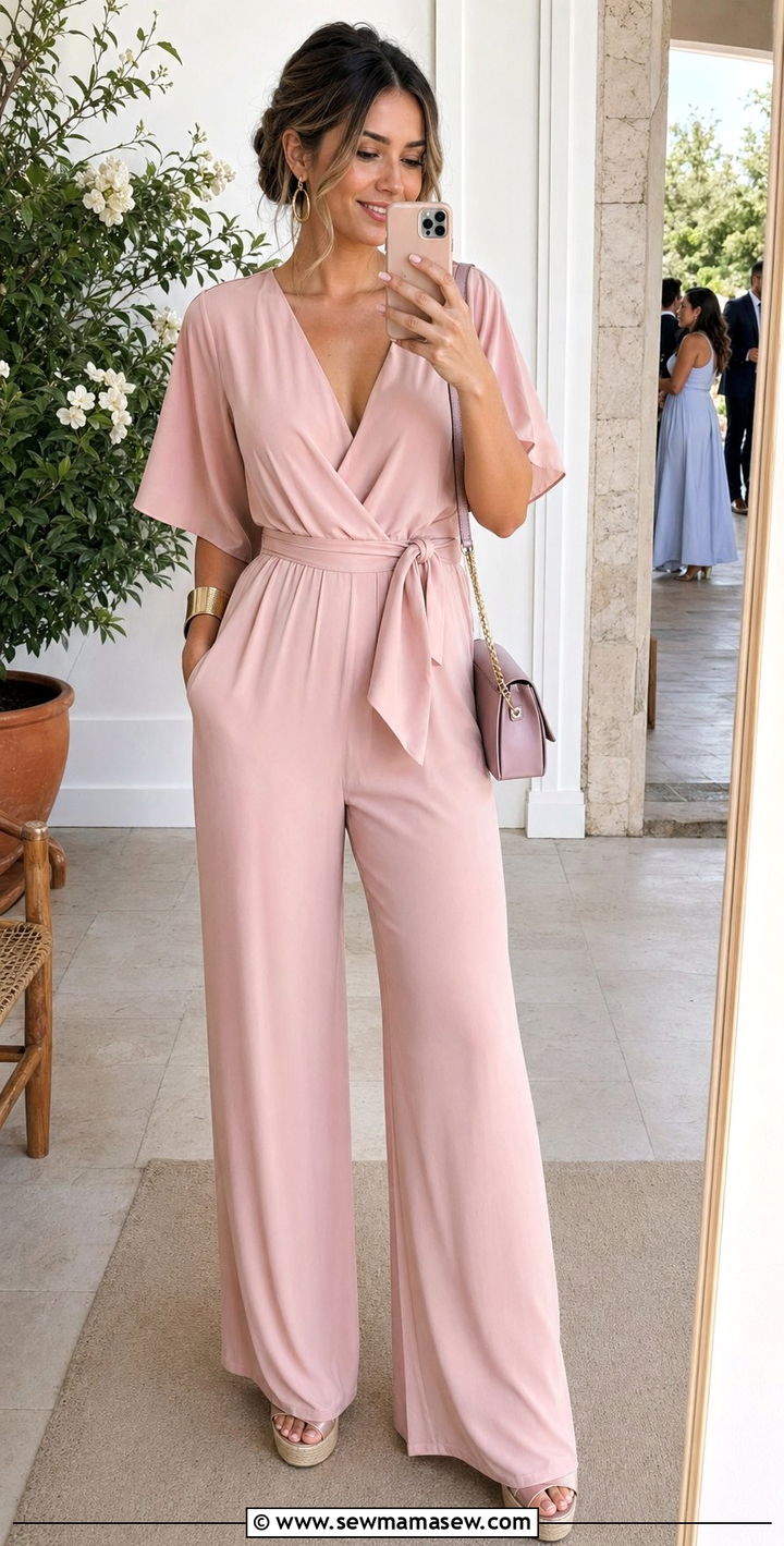 Pastel Jumpsuit With Wedge Espadrilles - 30 Afternoon wedding guest outfits