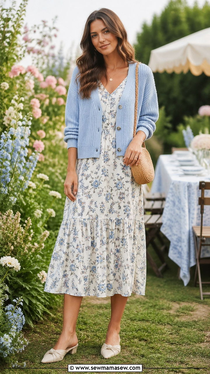 Pastel Knit Cardigan and Floral Midi Dress Spring Outfit - 30 Spring knit outfits