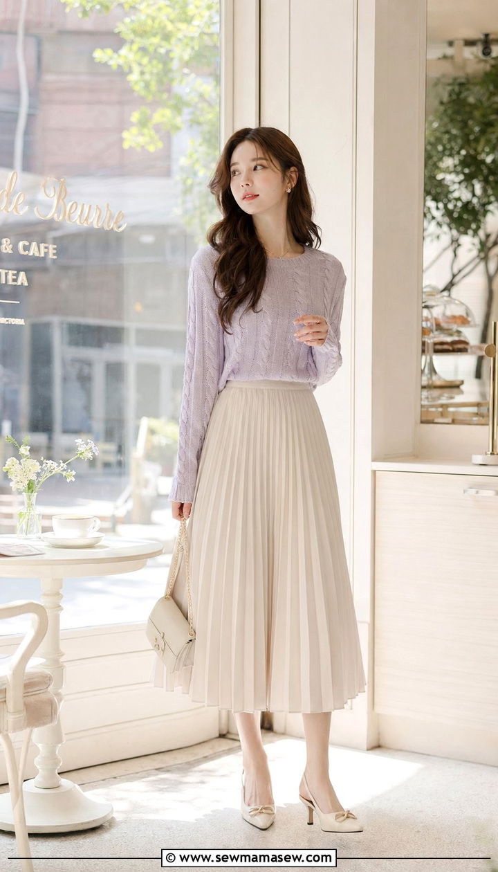 Pastel Knit Sweater With Pleated Midi Skirt Outfit - 35 romantic outfits for women