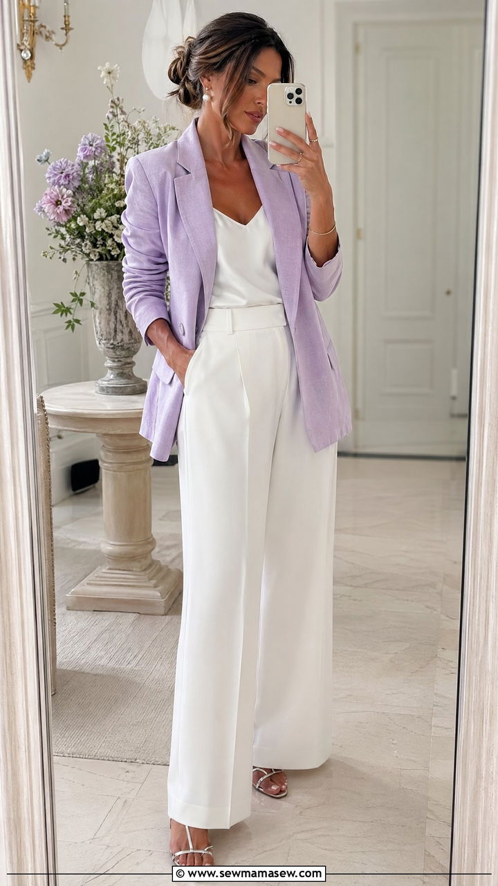 Pastel Lavender Blazer with White Wide Leg Pants - 35 Summer outfits with blazers