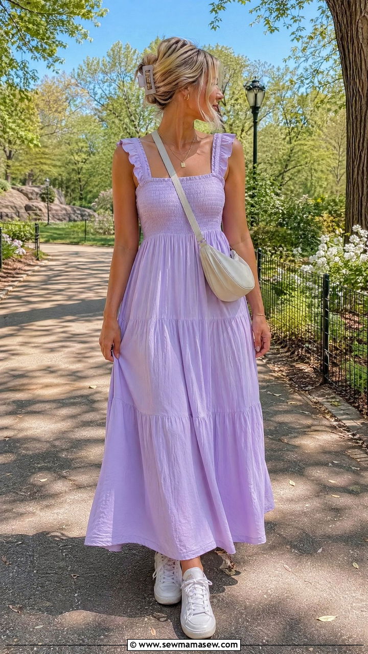 Pastel Maxi Dress with White Sneakers and a Crossbody Bag - 35 Summer outfits with maxi dresses