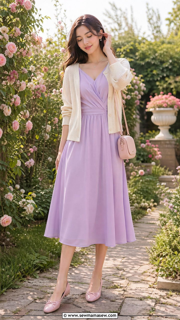 Pastel Midi Dress with Light Cardigan and Ballet Pumps - 35 classy spring to summer outfits