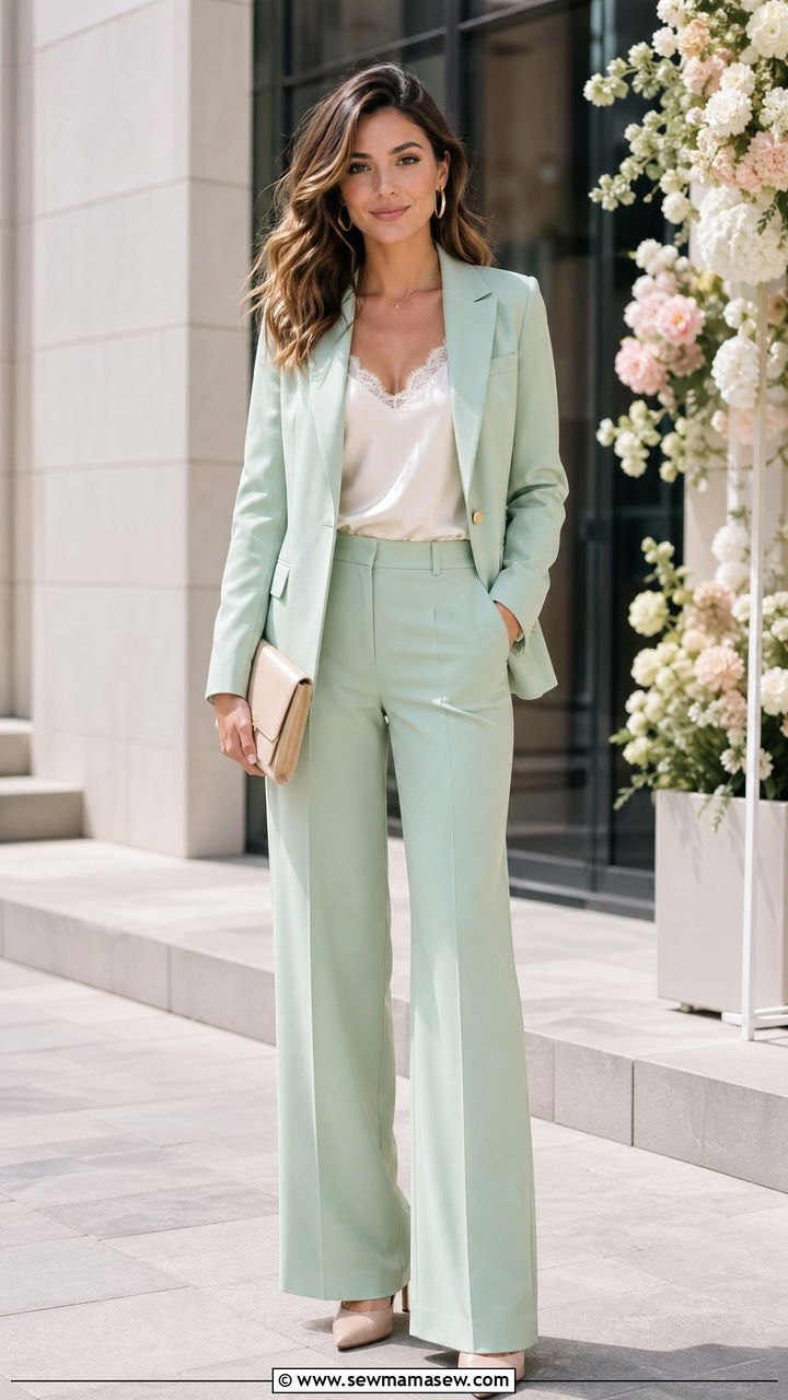 Pastel Mint Power Suit with Wide Leg Trousers - 35 spring wedding guest outfit ideas for women