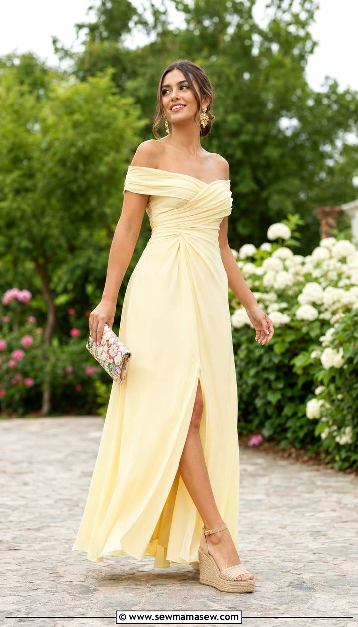 Pastel Off Shoulder Maxi Dress Wedding Guest Outfit - 30 wedding guest outfits aesthetic