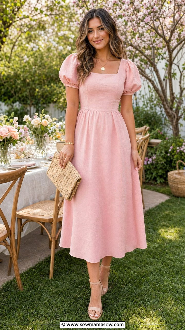 Pastel Pink Midi Dress with Nude Heeled Sandals - 30 Baby shower outfits for guests