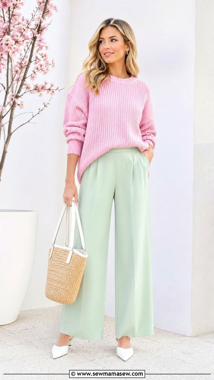Pastel Pink Sweater with Mint Green Wide Leg Pants - 30 spring color blocking outfit ideas