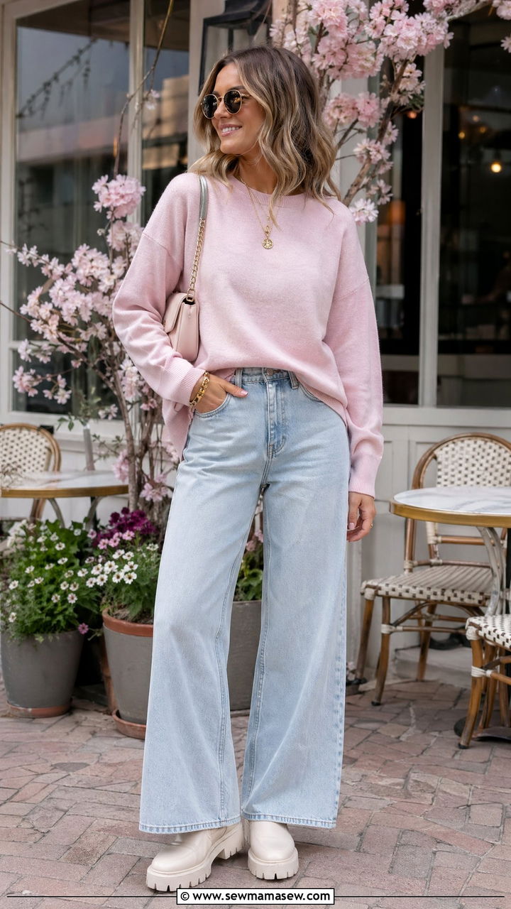 Pastel Pink Sweater with Wide Leg Jeans and Chunky Boots Outfit - 35 Spring denim outfits