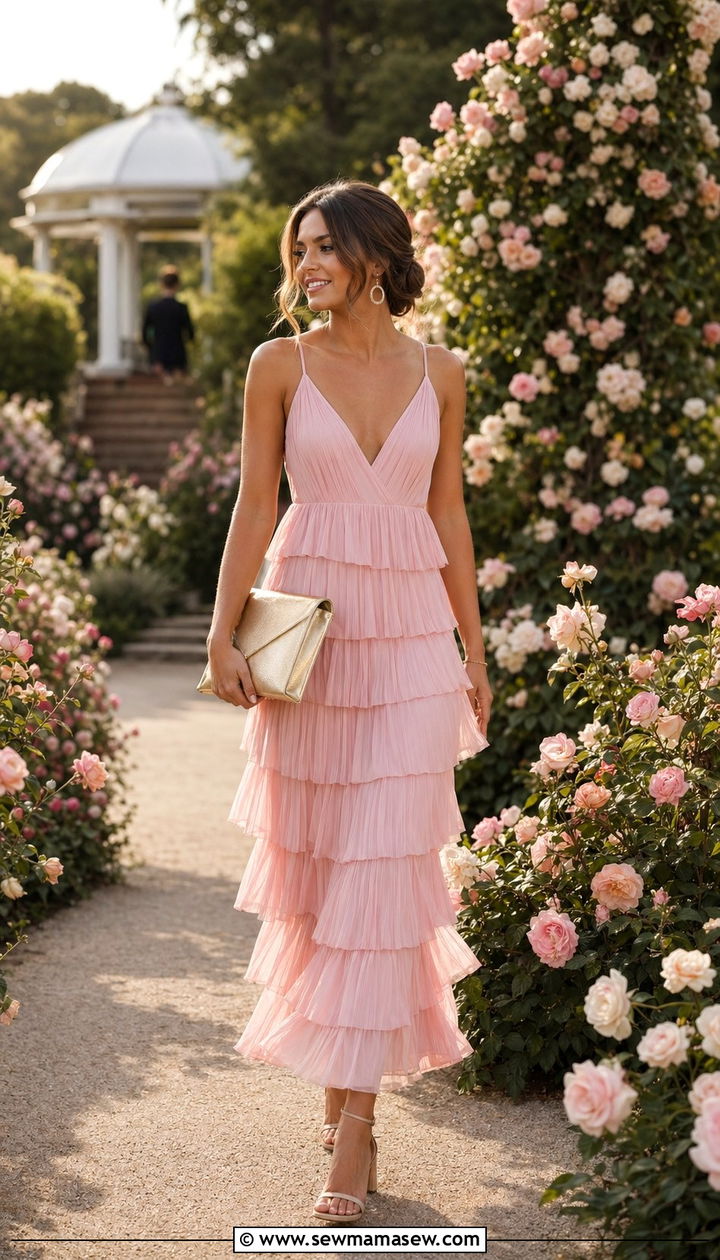Pastel Pink Tiered Ruffle Maxi Dress Wedding Guest Outfit - 35 Pastel wedding guest outfits