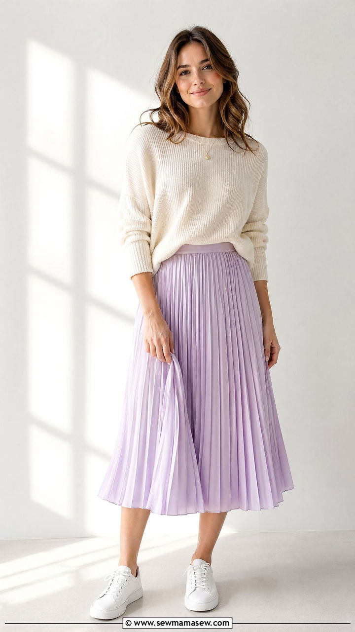 Pastel Pleated Midi Skirt with Light Sweater and White Sneakers - 35 spring elegant outfit ideas