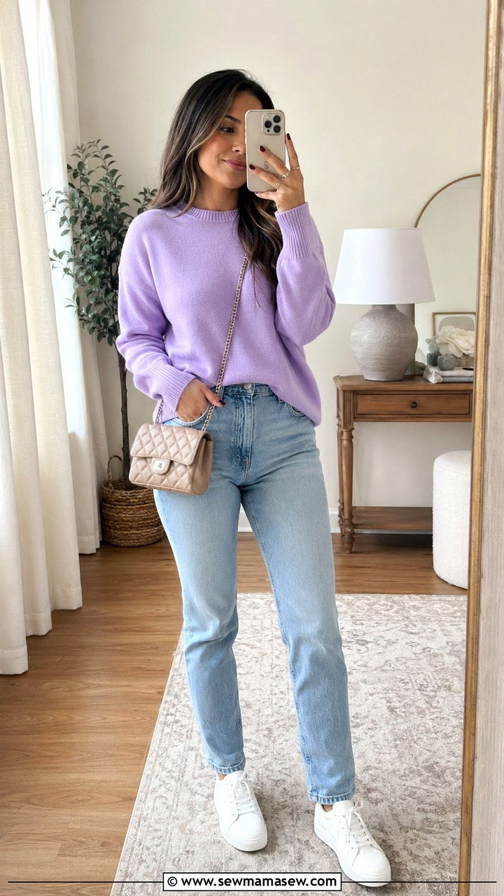 Pastel Purple Sweater and Light Wash Jeans Outfit - 35 Pastel outfit ideas
