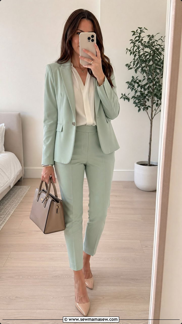 Pastel Suit Set With Neutral Blouse - 35 Spring job interview outfits