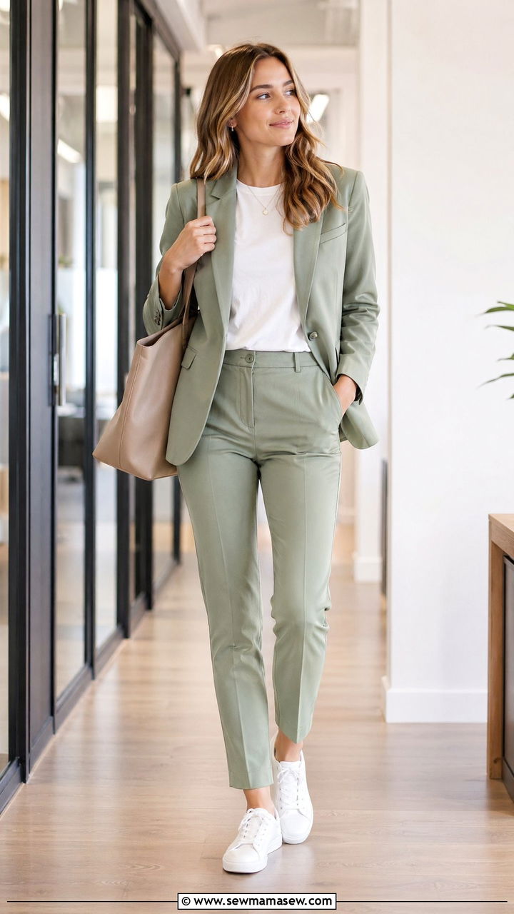Pastel Suit With White Sneakers - 35 summer business casual outfits