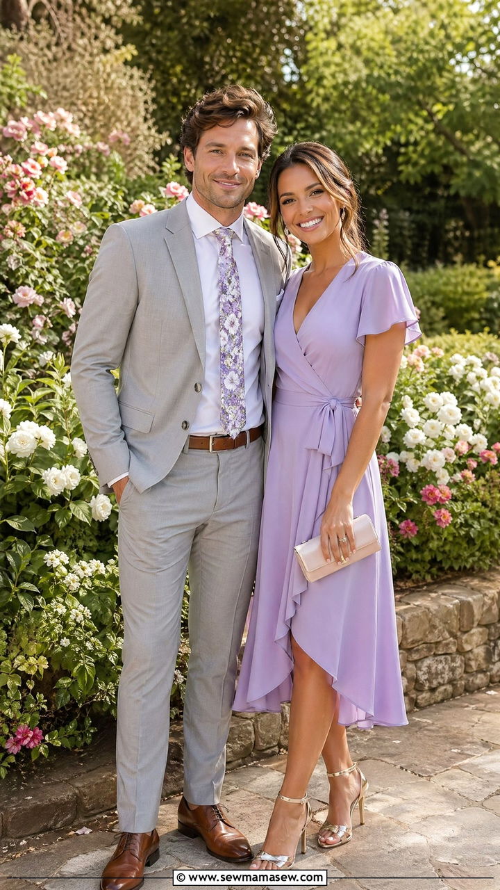 Pastel Suit and Floral Tie Spring Wedding Guest Couple Outfit - 35 Couples photoshoot outfit ideas