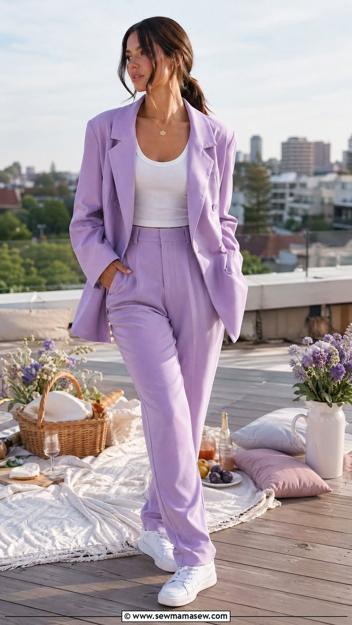 Pastel Suit with White Sneakers - 35 Spring picnic outfit ideas