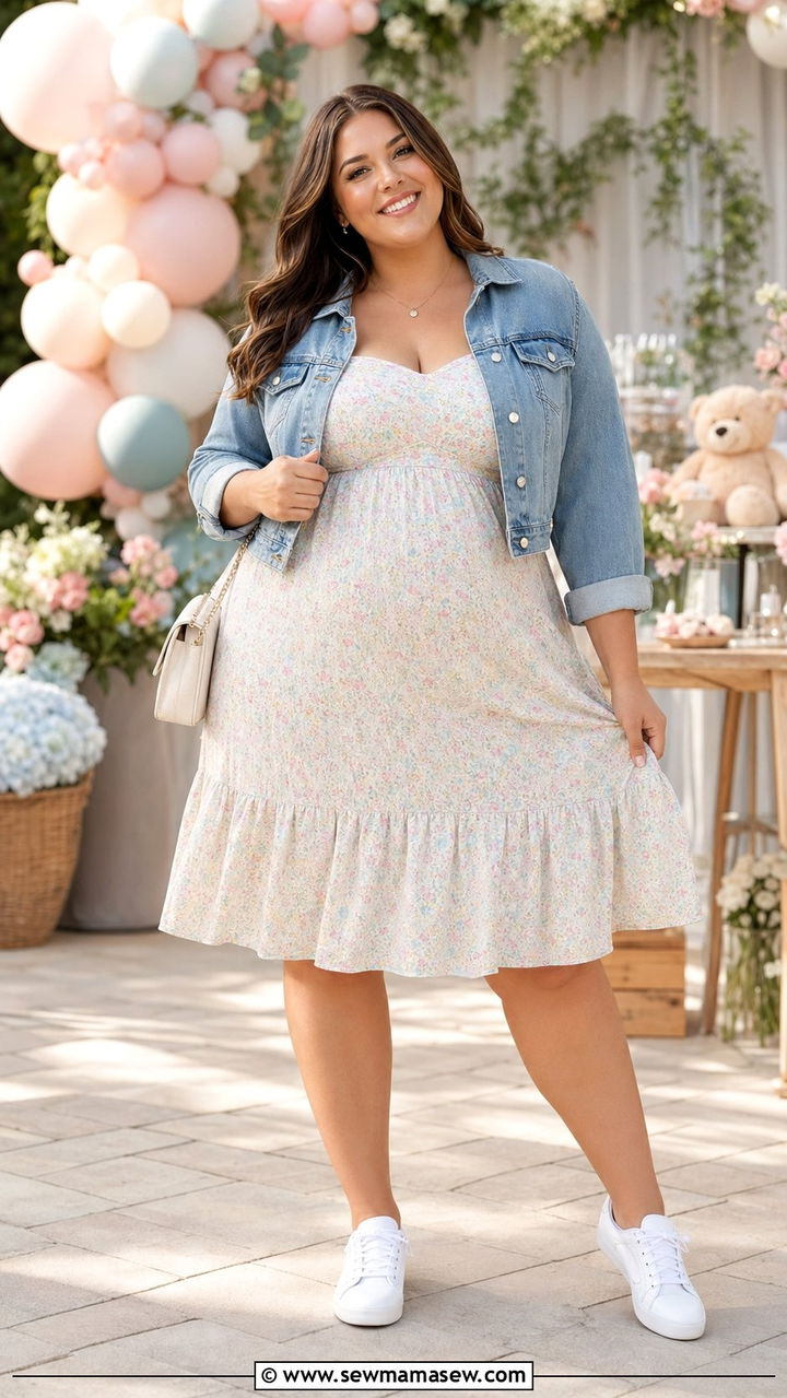 Pastel Sundress With Cropped Denim Jacket - 35 Plus size summer outfits