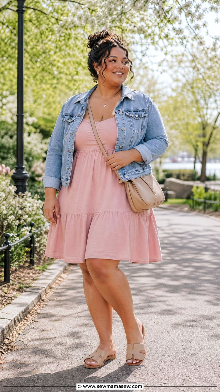 Pastel Sundress with Cropped Denim Jacket - 35 Travel outfits for curvy women