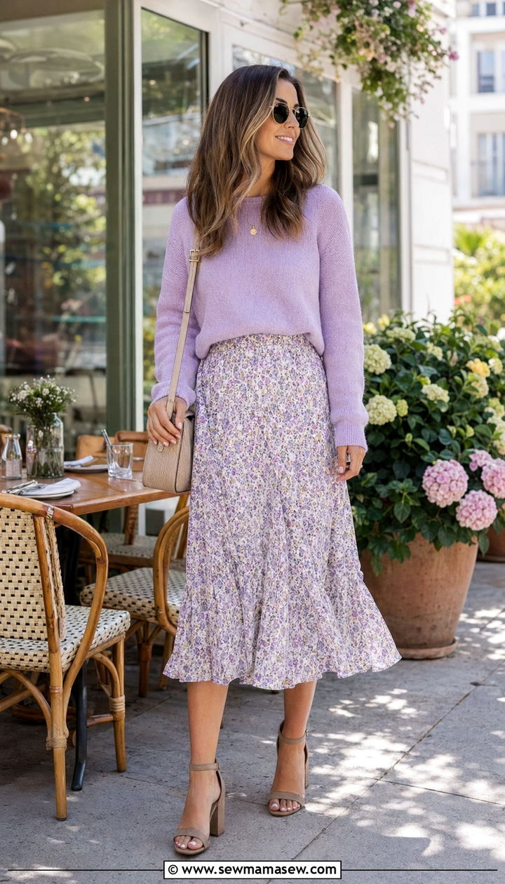 Pastel Sweater And Floral Midi Skirt - 35 romantic outfits ideas