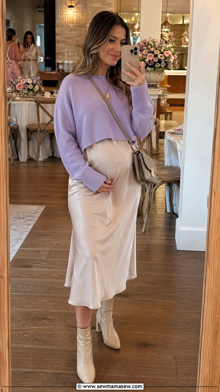 Pastel Sweater Over Slip Dress for Chilly Spring Showers - 35 spring baby shower outfit ideas