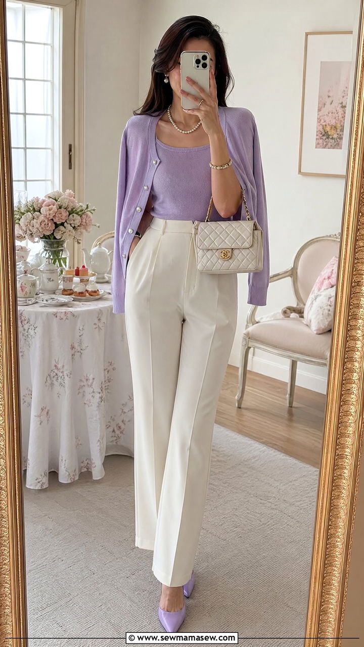 Pastel Sweater Set with Pearl Accessories - 35 spring preppy outfits