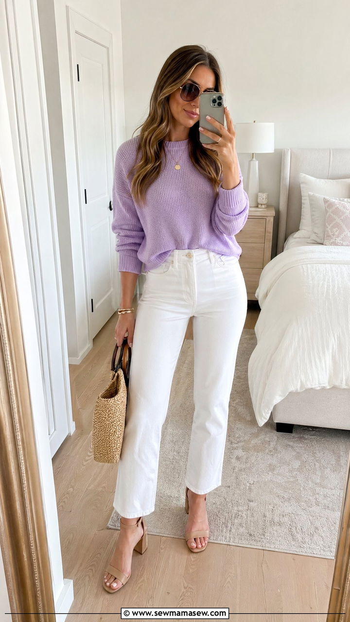 Pastel Sweater With White Jeans - 35 spring comfortable outfit ideas