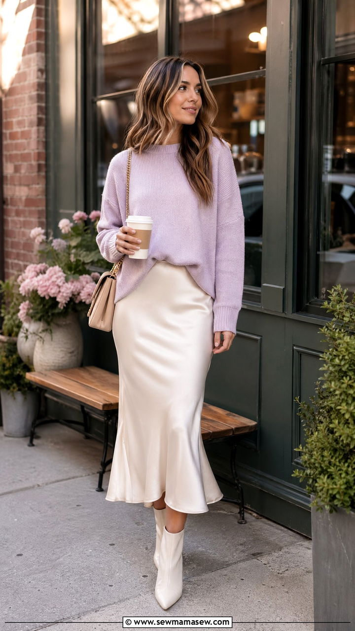 Pastel Sweater over a Slip Skirt - 35 spring bridal shower outfit ideas