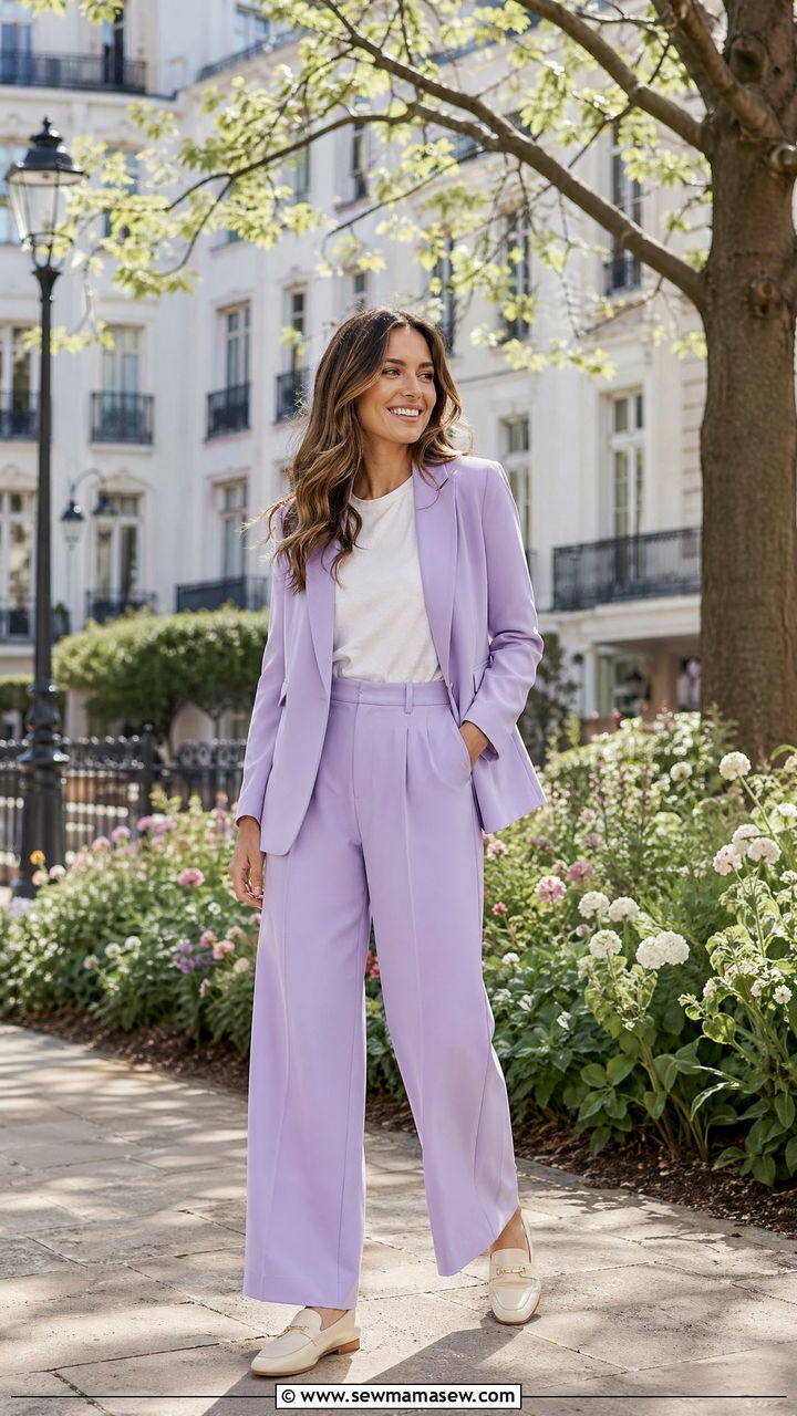 Pastel Tailored Suit With Loafers And A Simple Tee - 35 Spring London outfit ideas