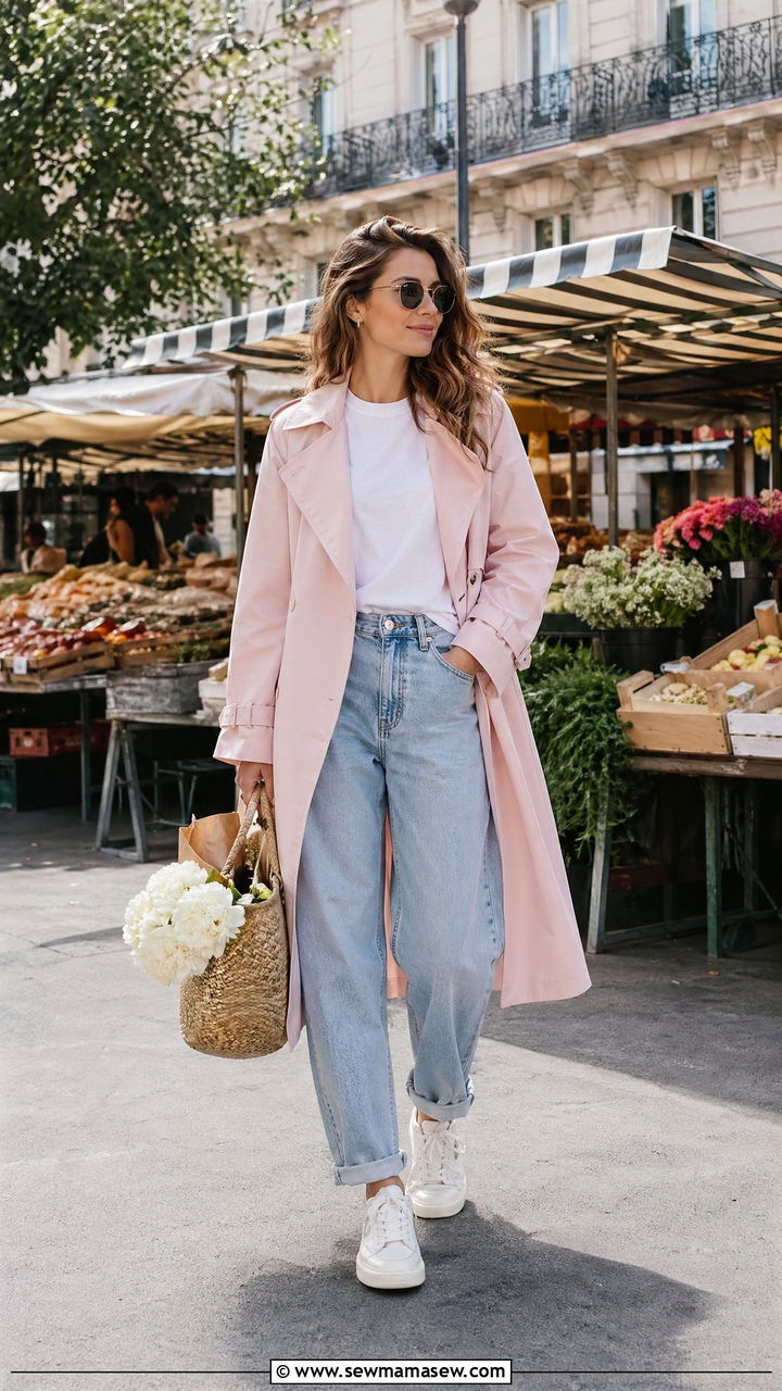 Pastel Trench Coat with Relaxed Jeans and Sneakers - 35 Spring Paris outfit ideas