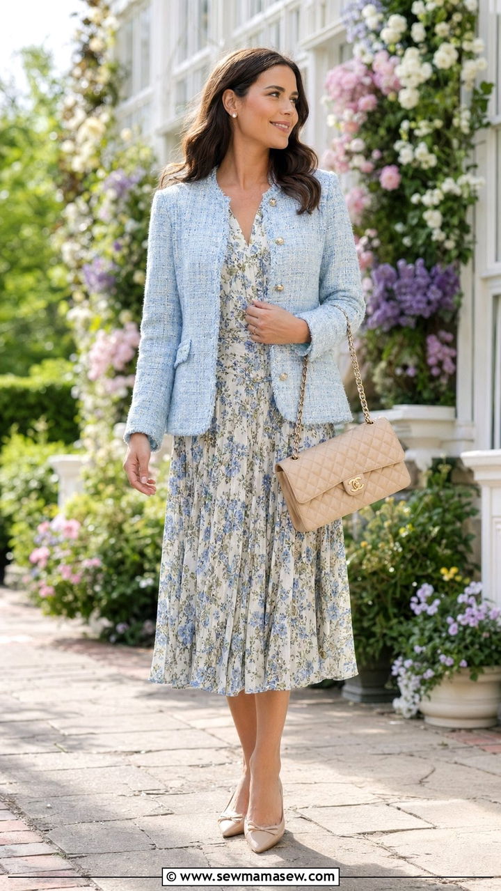 Pastel Tweed Blazer with Floral Midi Dress - 35 Old money spring outfits