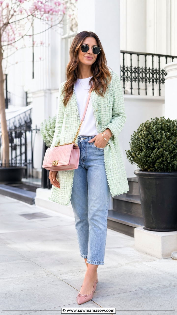 Pastel Tweed Coat With Cropped Jeans Preppy Outfit - 35 spring preppy outfit ideas
