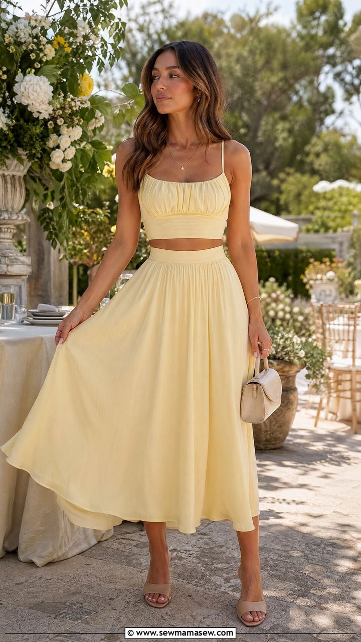 Pastel Two Piece Midi Skirt Set With Heeled Mules Outfit - 35 Classy summer outfits