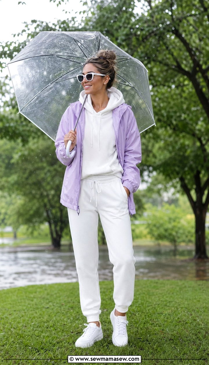 Pastel Windbreaker with White Lounge Set Summer Rain - 35 Rainy summer outfits