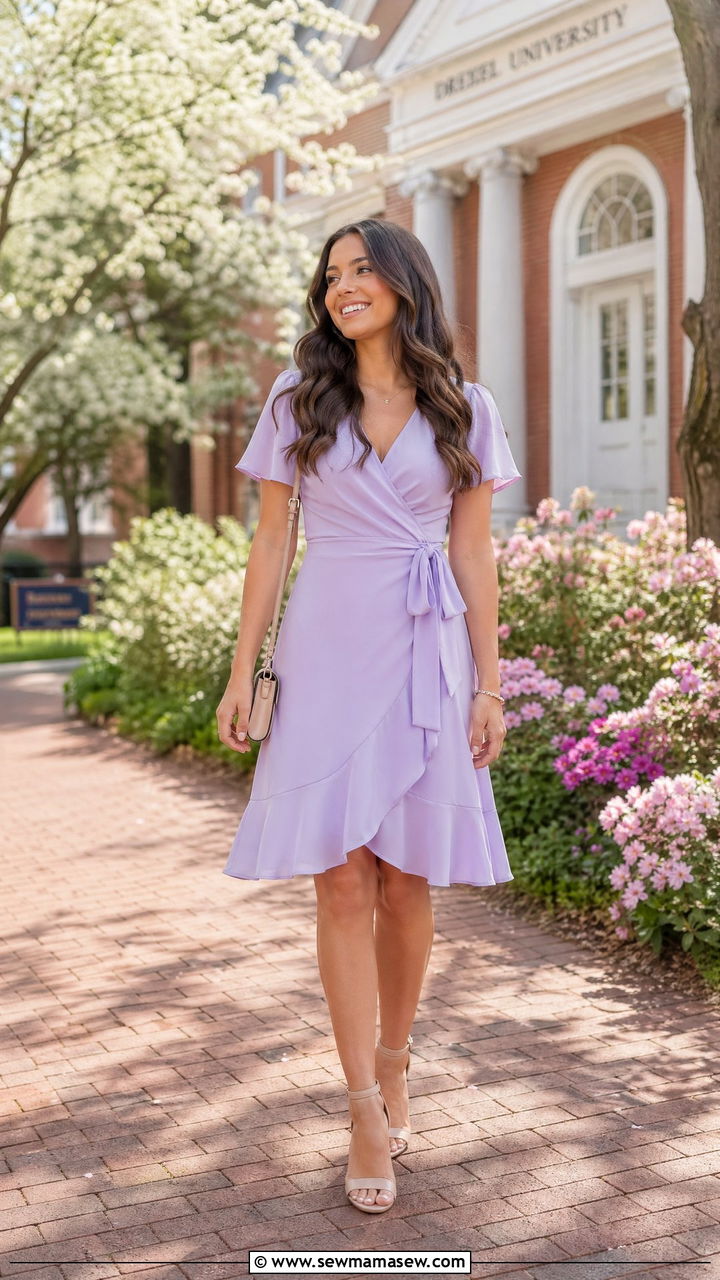 Pastel Wrap Dress With Nude Sandals - 35 College graduation outfit ideas