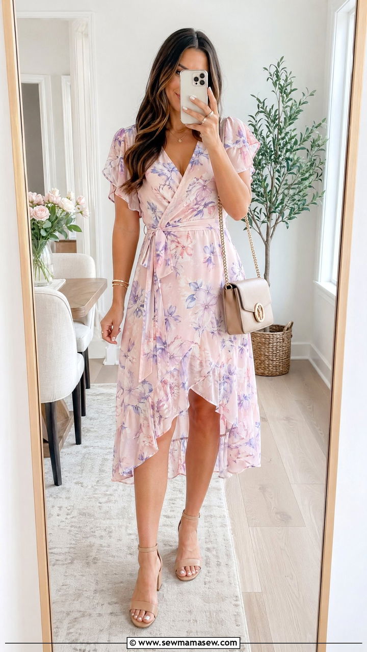 Pastel Wrap Dress and Nude Block Heels - 35 spring bridal shower outfit ideas