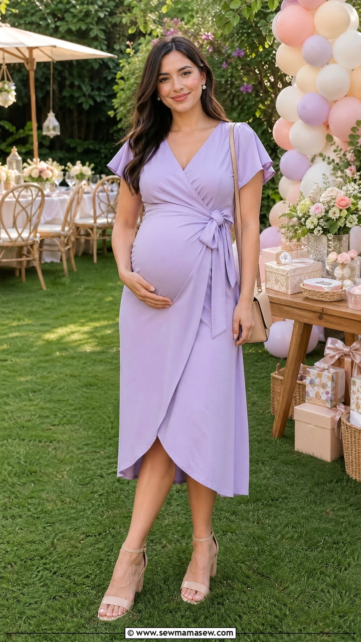 Pastel Wrap Dress with Block Heels for Baby Shower - 35 spring baby shower outfit ideas