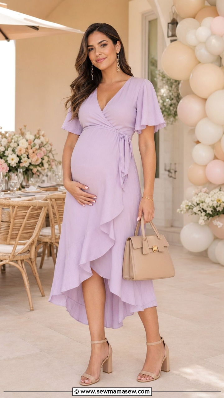 Pastel Wrap Dress with Nude Heels - 30 what to wear to a baby shower