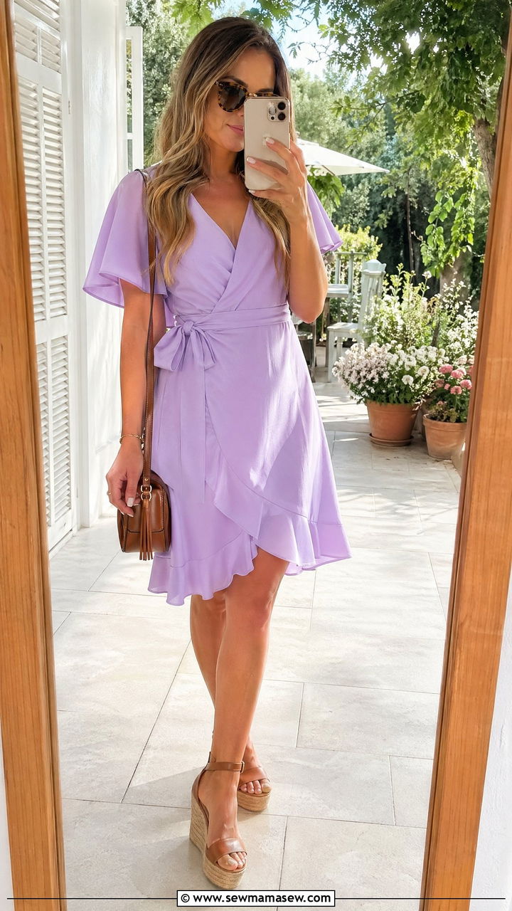 Pastel Wrap Dress with Wedges - 35 Summer garden party outfits