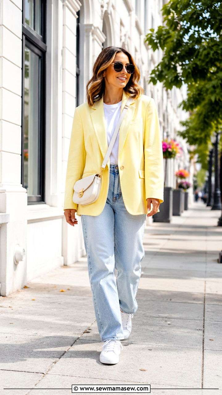 Pastel Yellow Blazer And Light Wash Jeans - 30 Spring capsule wardrobe minimalist