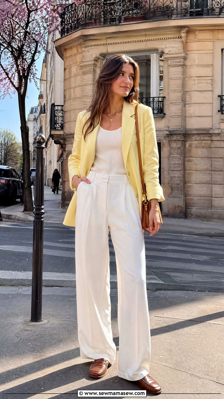 Pastel Yellow Blazer With White Wide Leg Trousers And Loafers - 35 spring french girl outfits