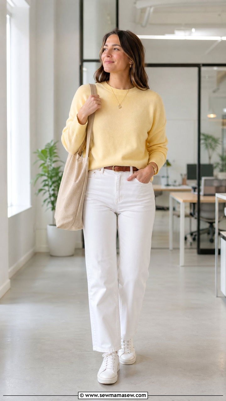 Pastel Yellow Knit Sweater with White Straight Leg Jeans - 35 Soft girl outfit ideas