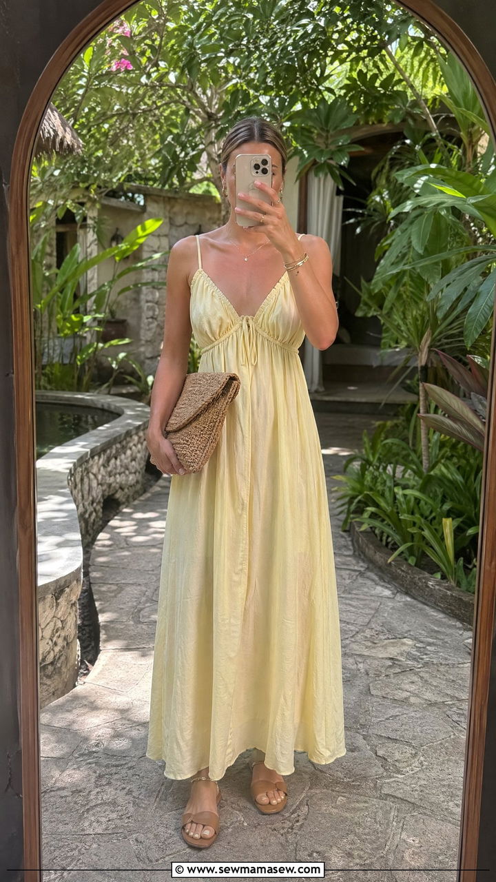 Pastel Yellow Maxi Dress With Woven Clutch - 35 Spring Bali outfit ideas