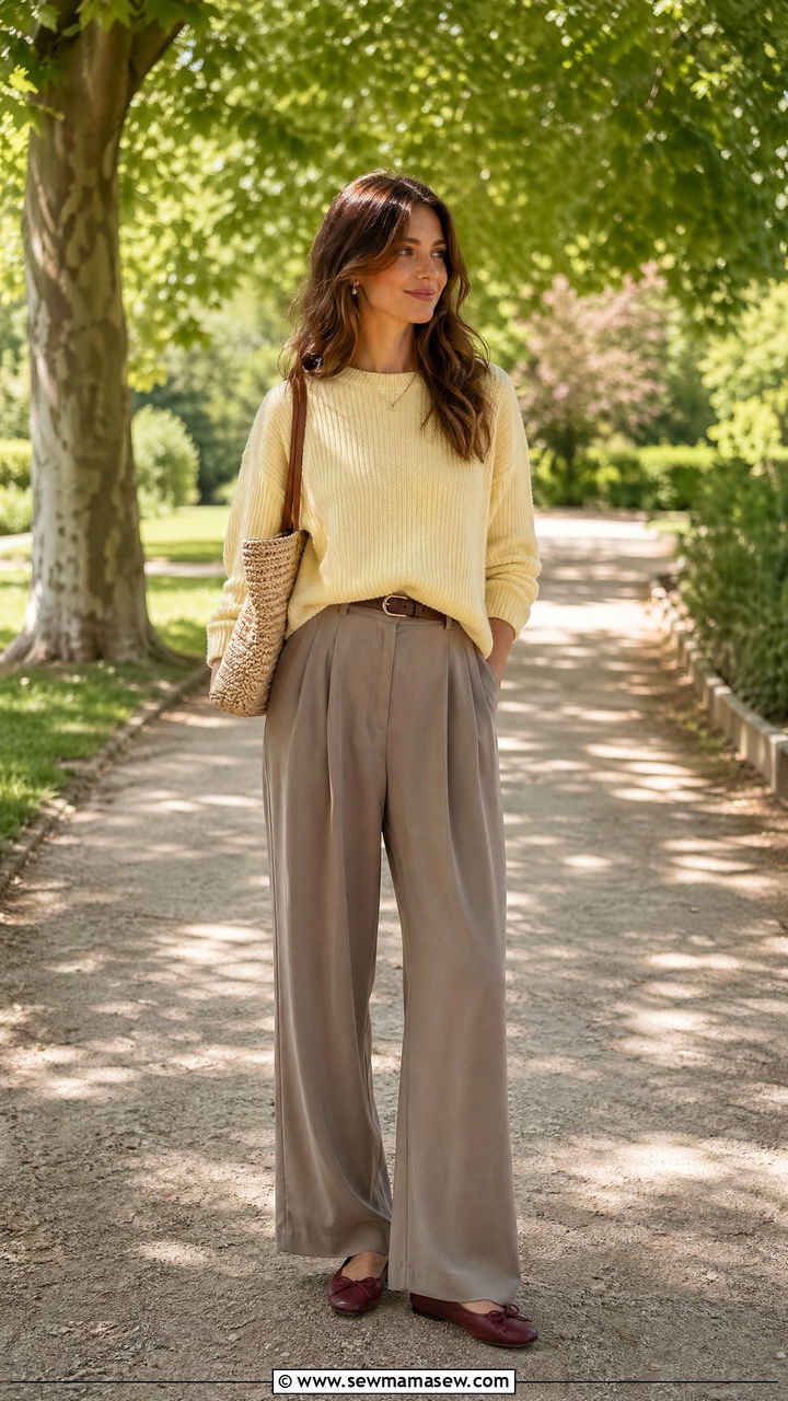 Pastel Yellow Sweater With Flowy Taupe Trousers And Burgundy Flats - 35 spring parisian outfit ideas