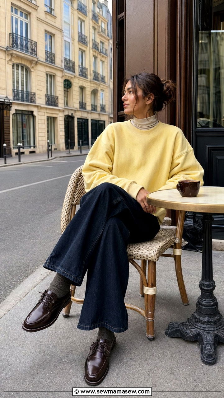 Pastel Yellow Sweatshirt and Wide Leg Jeans Outfit - 35 Paris outfits 2026