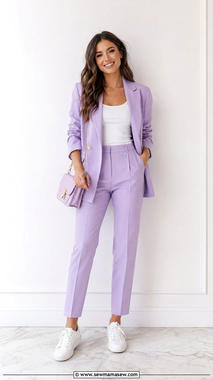 Pastel blazer with tonal trousers and white sneakers - 35 spring smart casual outfit ideas
