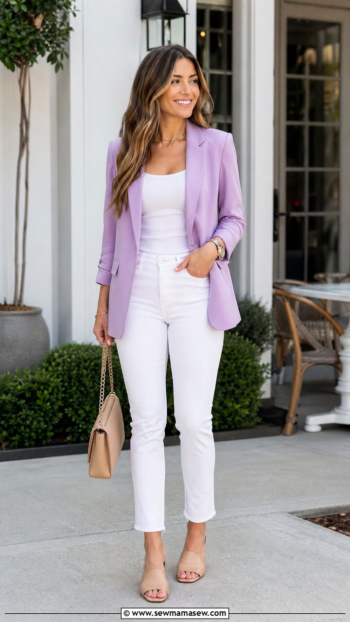 Pastel blazer with white jeans and mules - 35 spring easy outfit ideas